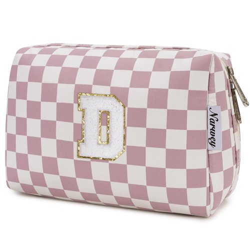 Narwey Personalized Initial Makeup Bag Toiletry Bag Gifts for Women Girls Large Checkered Makeup Bag Zipper Pouch Travel Cosmetic Bag Organizer for Women (Dusty Rose Checkerboard Letter D)