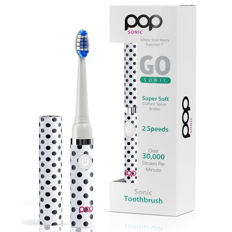Pop Sonic Electric Toothbrush (White Dots) - Travel Toothbrushes w/AAA Battery | Kids Electric Toothbrushes with 2 Speed & 15,000-30,000 Strokes/Minute, Dupont Nylon Bristles