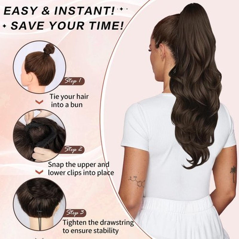CHRSHN Ponytail Extension, Drawstring Ponytail Extension for Women 23 Inch Long Brown Wavy Pony Tails Hair Extensions Synthetic Clip in Ponytail Hairpiece for Women (Medium Brown)