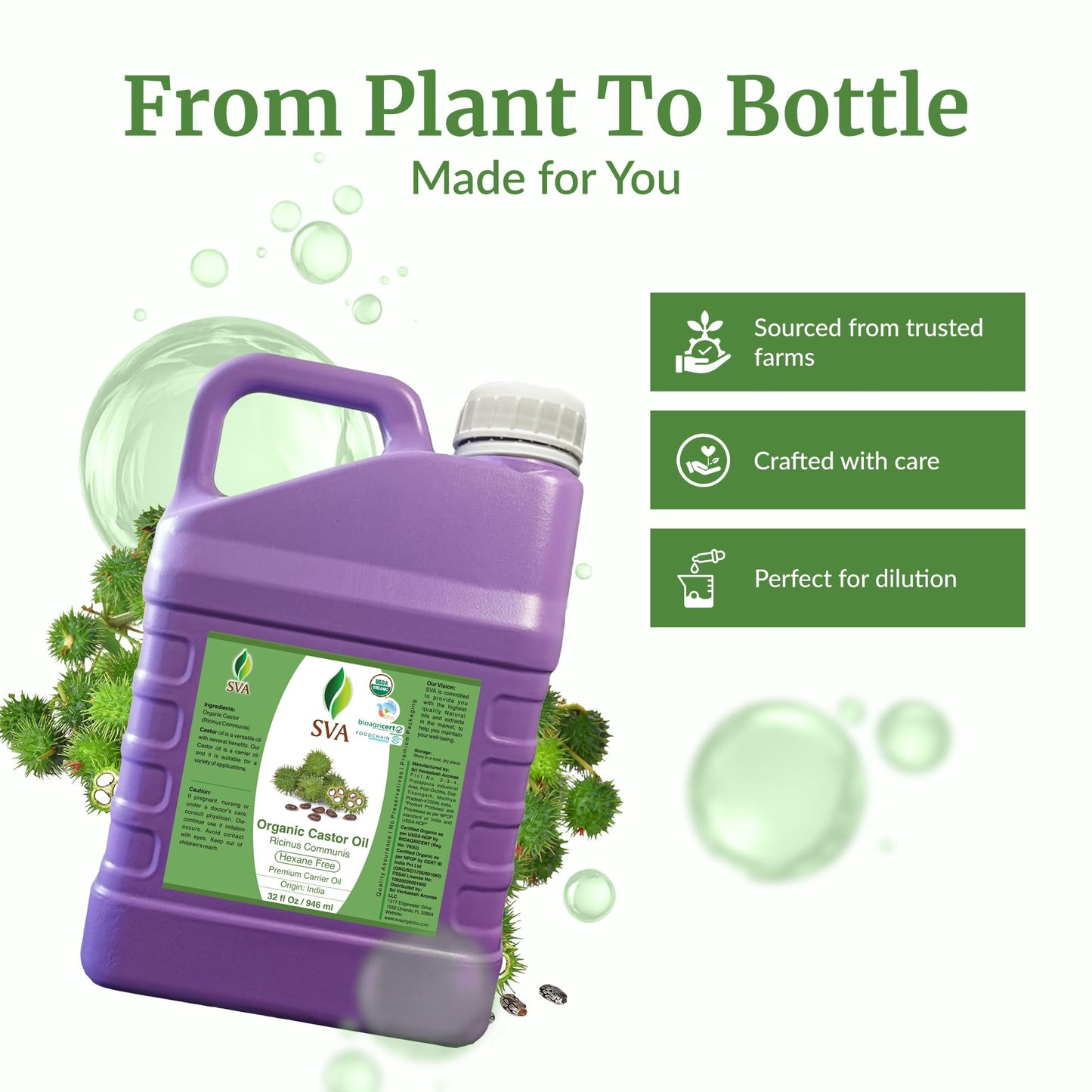 SVA Organic Castor Seed Carrier Oil, Large Size, 32 Oz (946 ml)