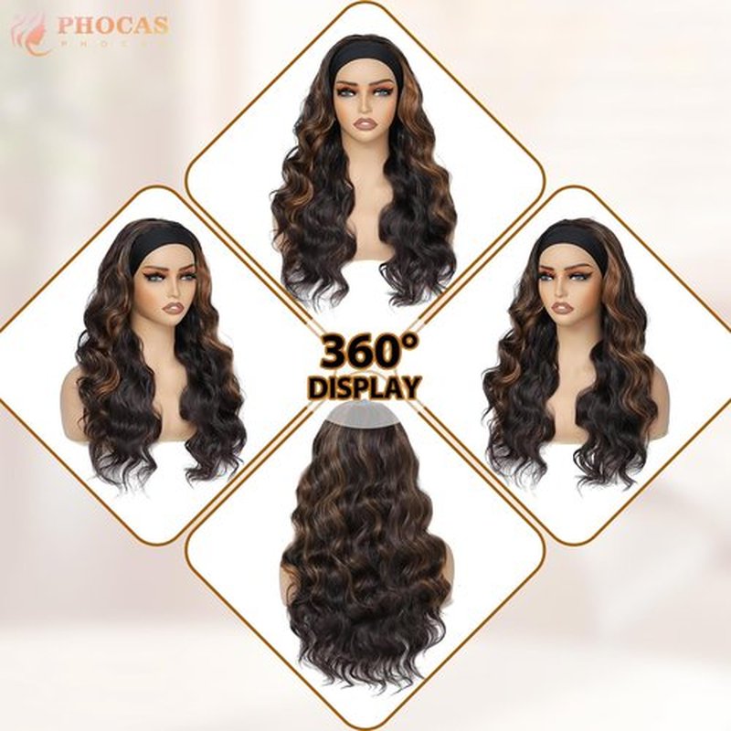 PHOCAS Curly Headband Wig Highlight Brown Headband Wigs 23‘’/58cm Synthetic Headband Wig for Women Daily Use
