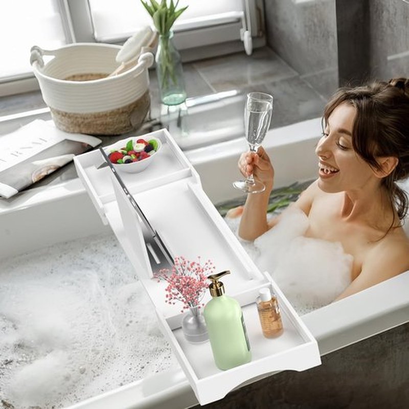Kucle Expandable Acrylic Bathtub Tray - 23-42 Inches Bath Caddy Tray for Bathtub, Luxury Bath Tub Tray Table for Home Spa, Bath Tray for Tub, Bathroom Tub Accessory Birthday Gift for Her (White)