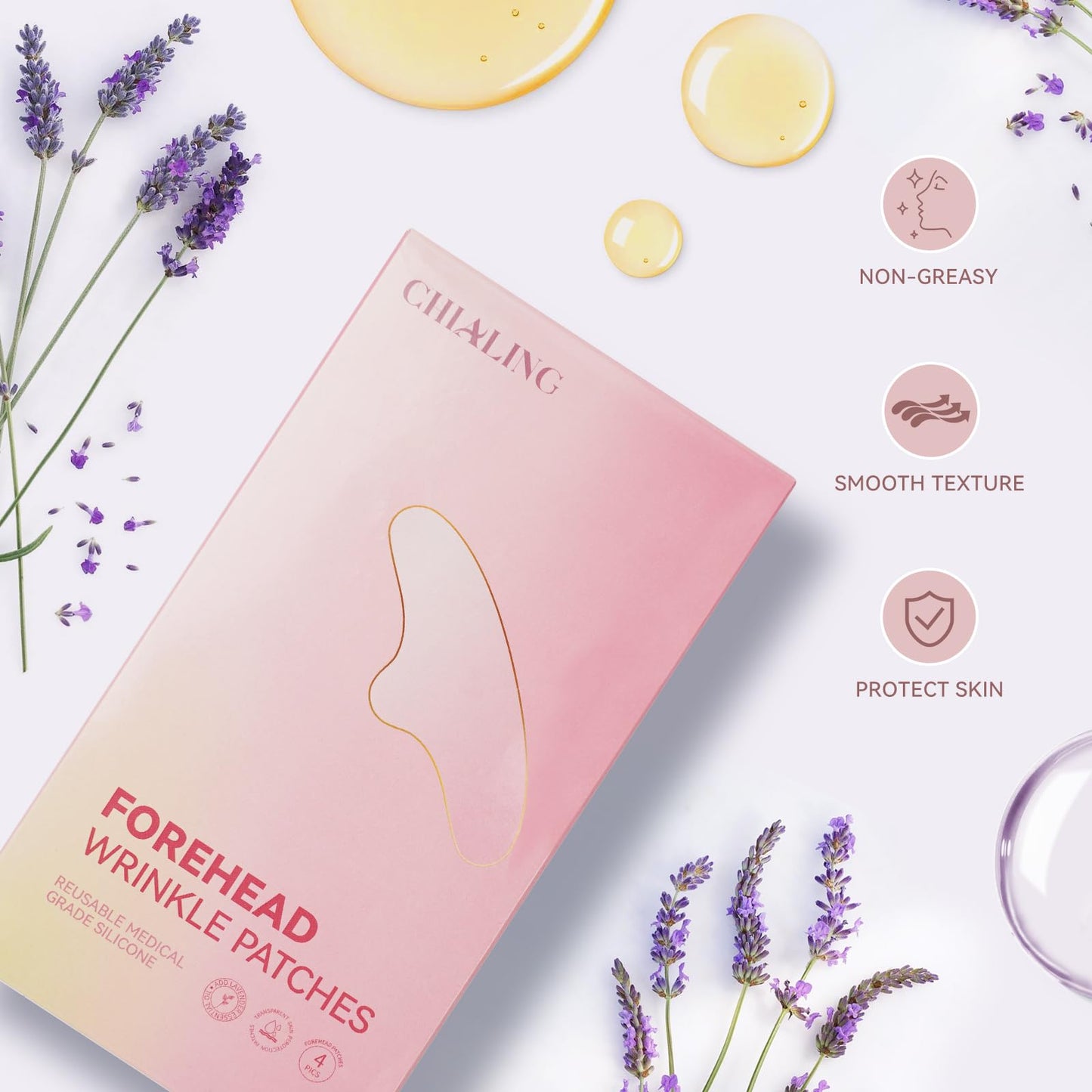 Forehead Wrinkle Patches | Reusable Overnight Smoothing Patches with Lavender Oil | Anti-Wrinkle Silicone Face Tape to Reduce Fine Lines, Prevent Creases | Non-Invasive Facial Pads | Pack of 4