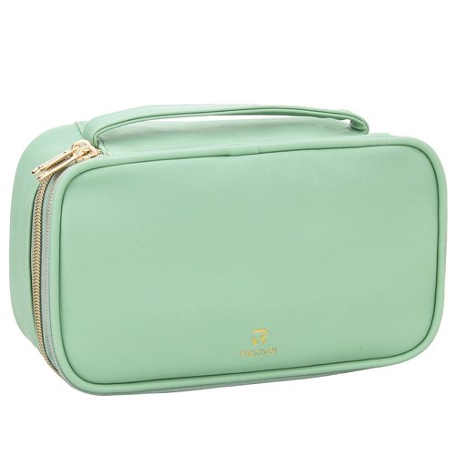 Relavel Travel Small Makeup Bag, Makeup Organizer Bag, Double Layer Cosmetic Bag, Makeup Pouch for Women, Washable Makeup Organizer Bag, Portable Handbag with Handle (Green)
