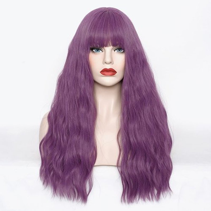 WGPFWIG Women's Taro Purple Wig 22''Long Curly Wavy Wig Shoulder Length Flat Bangs Wig For Women Girl Cosplay Party Halloween Wig Cap Included (22''Taro Purple)