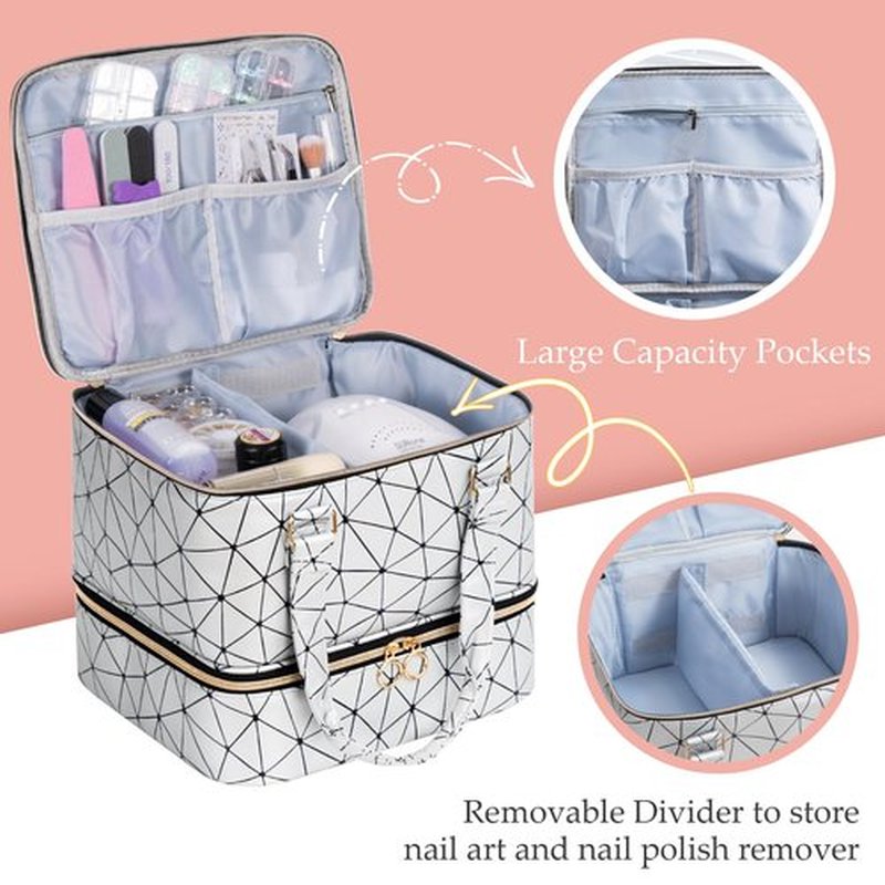 Uross Nail Polish Organizer Bag Holds 42 Bottles Nail Polish & Nail Lamp, Gel Nail Polish Organizers and Storage box for Nail Tech, Nail Kit Supplies Organizer Case - Silver