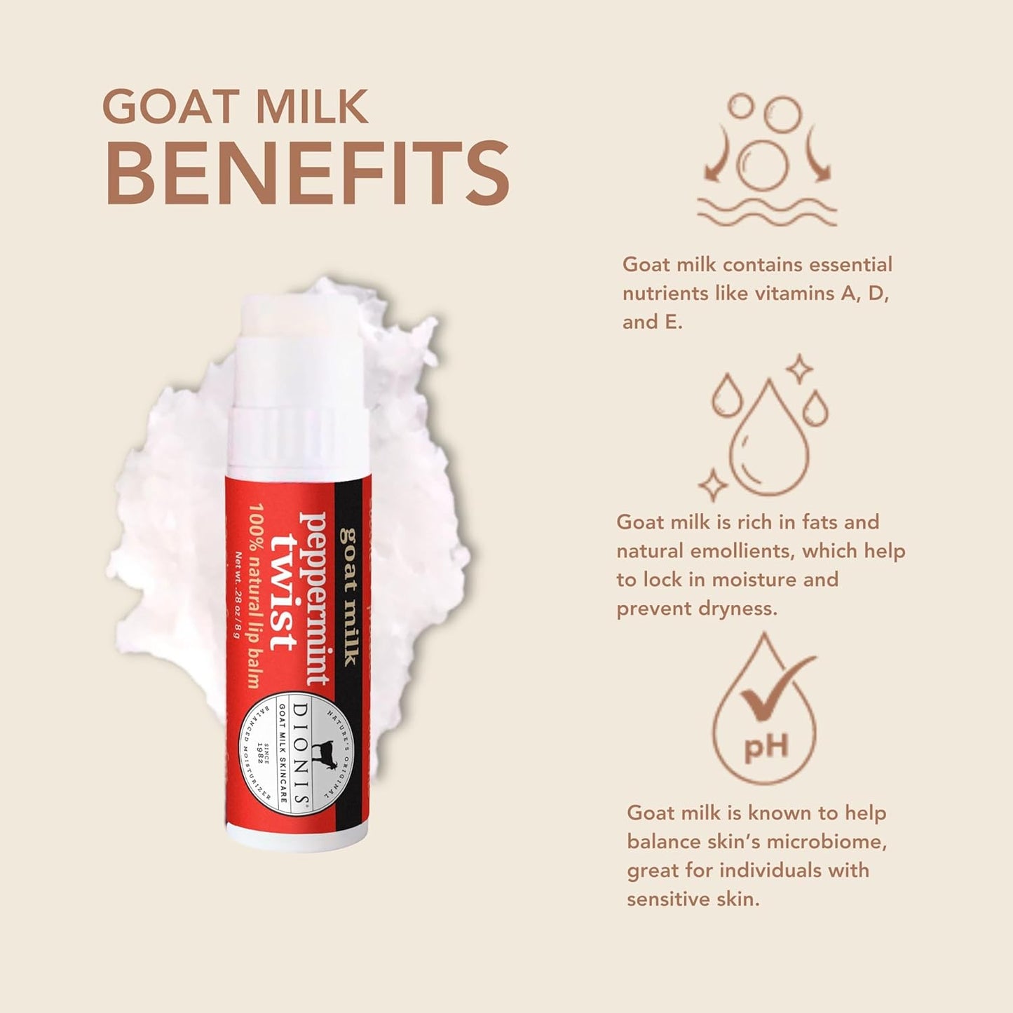 Dionis - Goat Milk Skincare Scented Lip Balm, Set of 6 (0.28 oz), Moisturize Dry and Chapped Lips, Cruelty-free and Paraben-free (Vanilla Bean)