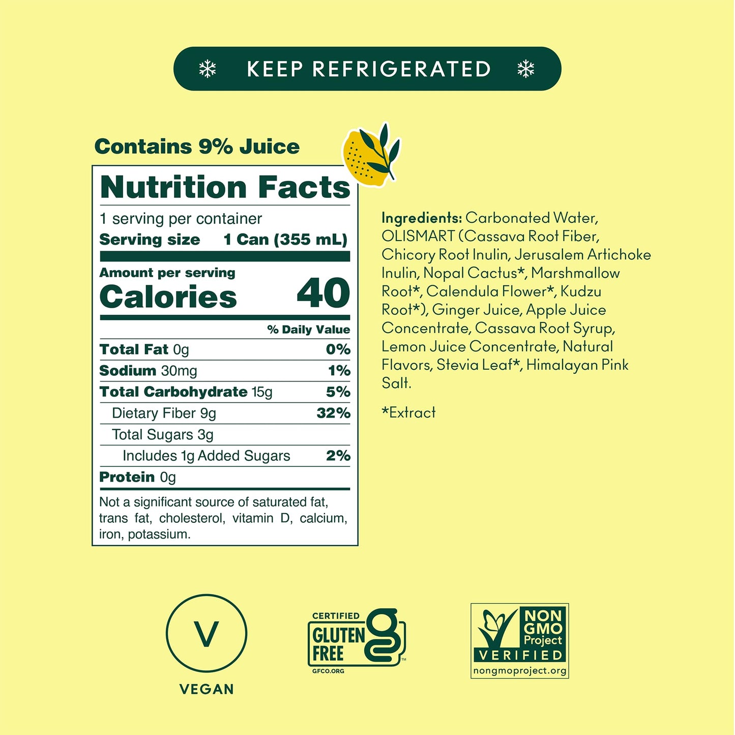 OLIPOP Prebiotic Soda Pop, Ginger Lemon, A New Kind of Soda Packed with Prebiotics, Fiber, and Botanicals, Gluten Free, GMO Free, 12oz (12-Cans)
