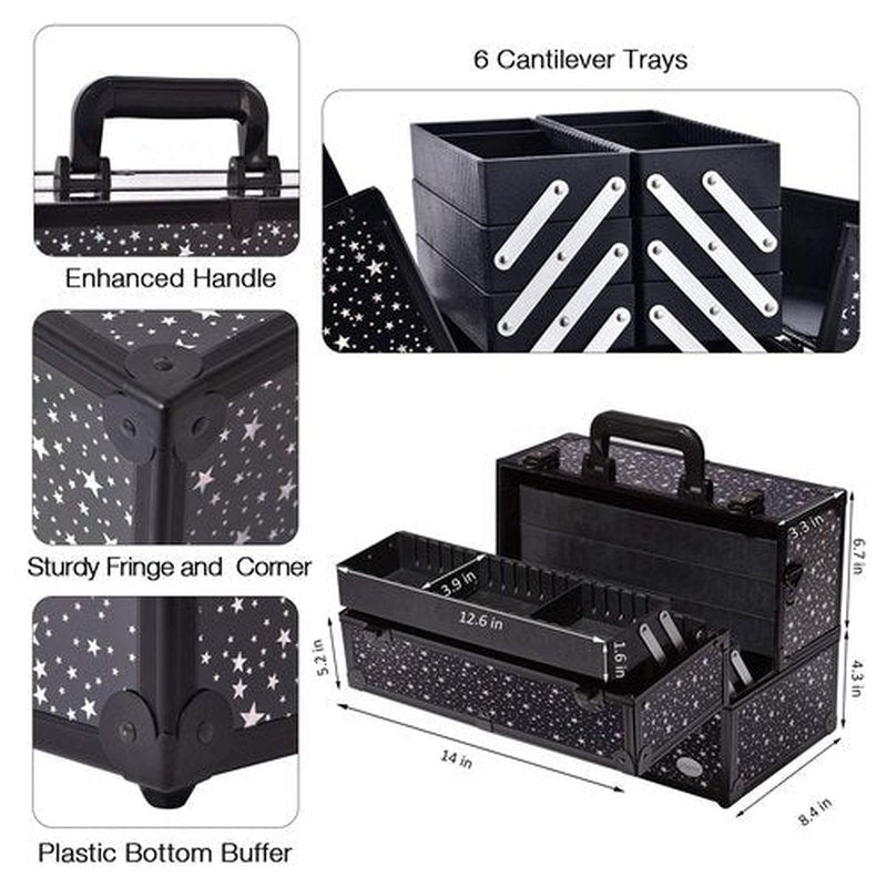 Makeup Case 6 Trays Large 14" x 8.5" x 11" Train Cases Cosmetic Organizer Storage Box by Joligrace - Star Pattern