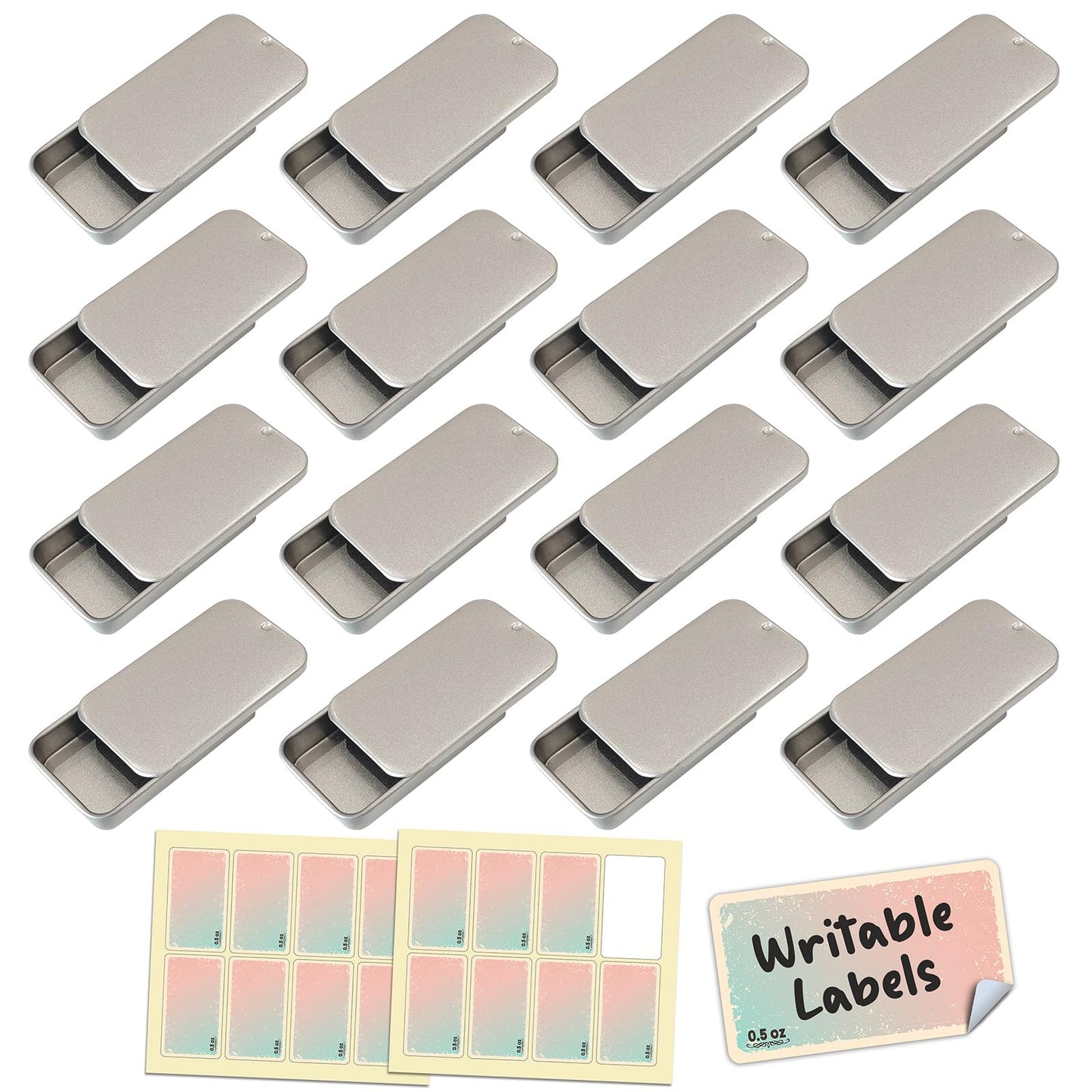 Cubic Ape Slide Top Tin Containers for Lip Balm, Solid Perfume (0.5 oz, 16-Pack, w/Labels) - (Small) Empty Cosmetics Metal Boxes with Sliding Lids (Frosted Silver)
