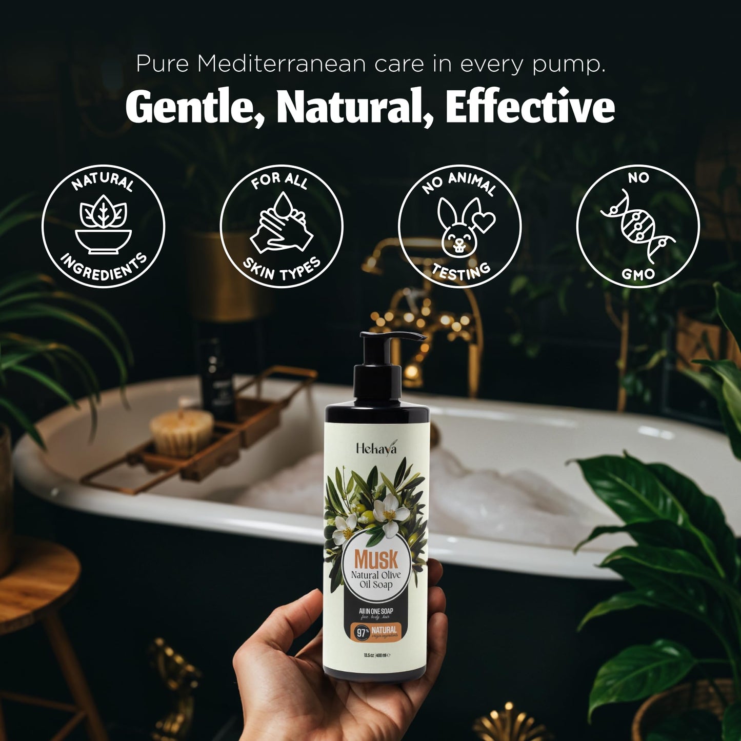 Hekaya Natural Olive Oil Liquid Soap – Musk Scent | Handmade, Vegan, Sulfate & Paraben Free | Gentle Face, Hand & Body Wash | Moisturizing Castile Cleanser | 13.5 fl oz Pump Bottle.