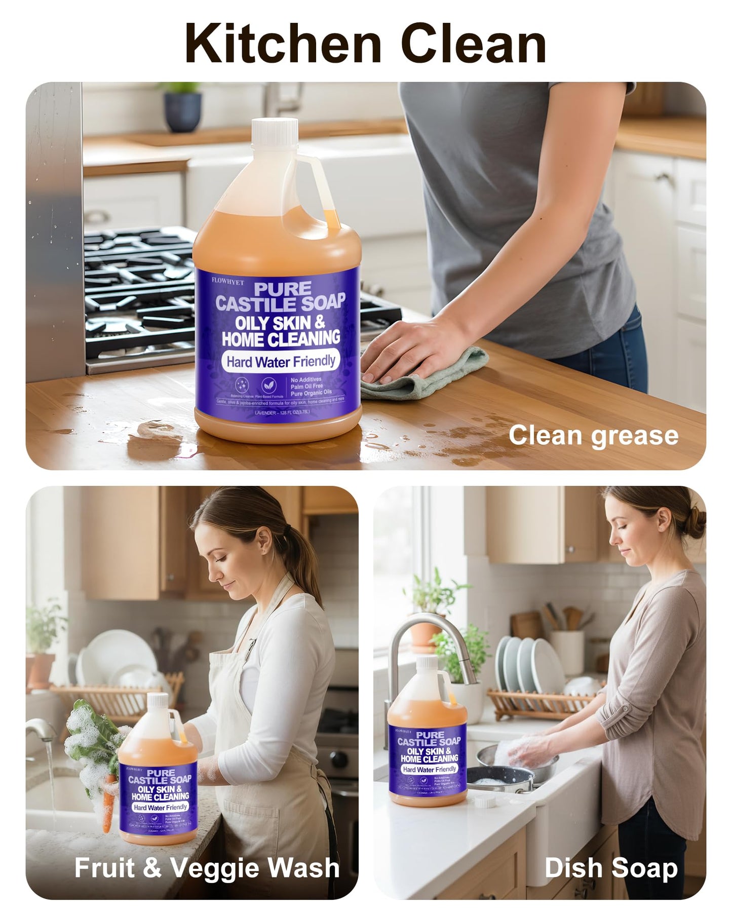 FLOWHYET Organic Castile Soap, Liquid Hand Soap Refill, Natural For Hand, Body Wash, Face, Laundry, Dishes, Home Cleaning - Lavender 32 Fl Oz