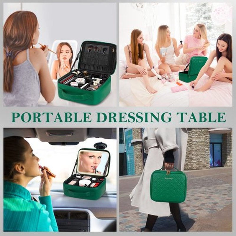 PEEH Makeup Bag with Lighted Mirror, Travel Make up Train Case with Rechargable Compact Vanity Mirror and 10x Magnifying Mirror, Adjustable Dividers Cosmetics Organizer for Women (Green)