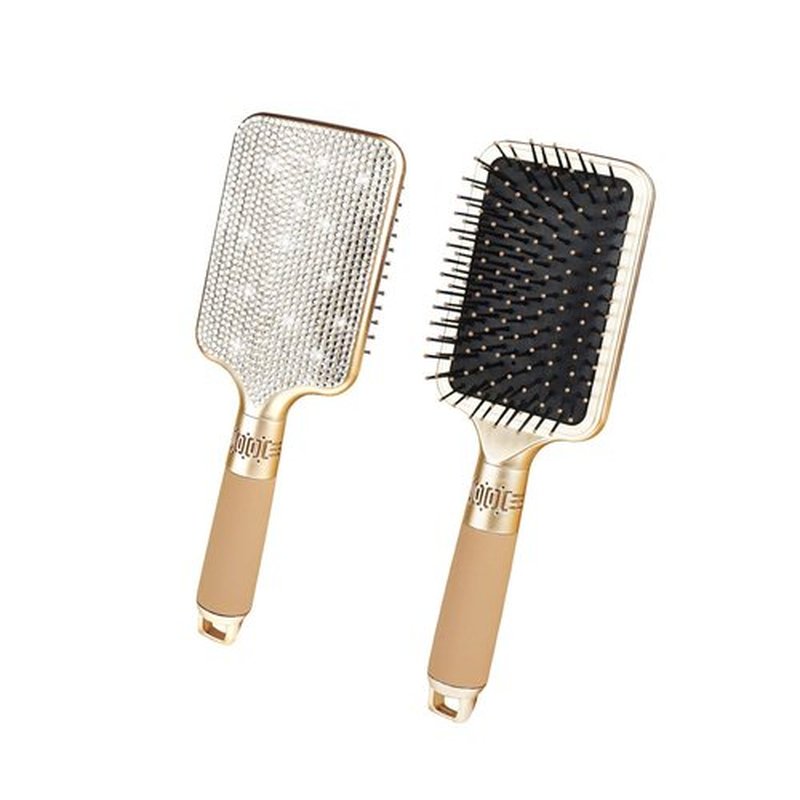 Hair Brush Detangles Instantly Removing Tangles, Knots, Fly Aways Exceptional Wig Brush For Hair Wraps & Weave Management Handmade Luxury Bling Crystal Paddle Brush Cute Rhinestone (White)
