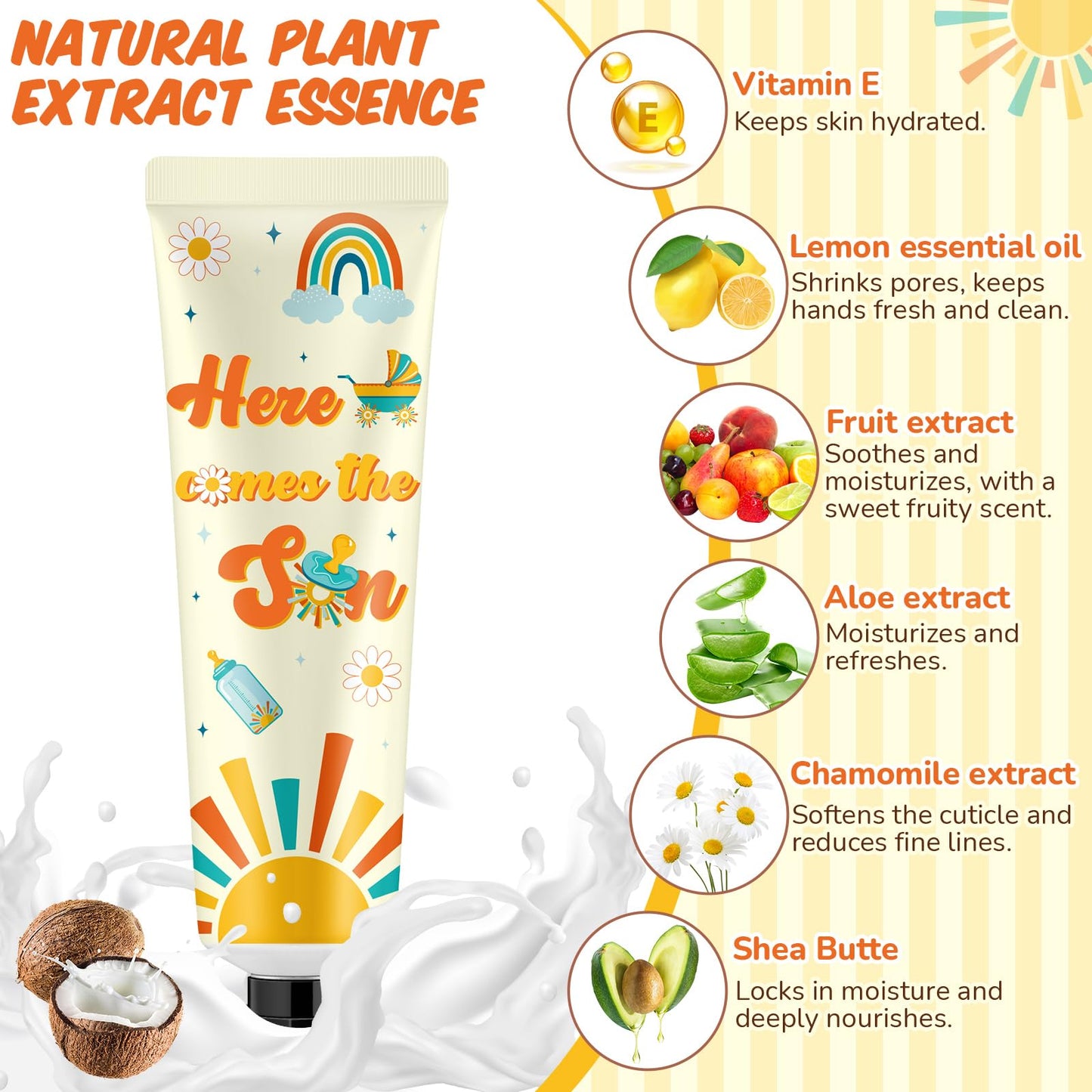 Swiffen 24 Sets Here Comes The Son Baby Shower Hand Cream Bulk Sunshine Baby Shower Favors Hand Cream for Guests Travel Size Lotion with Organza Bags