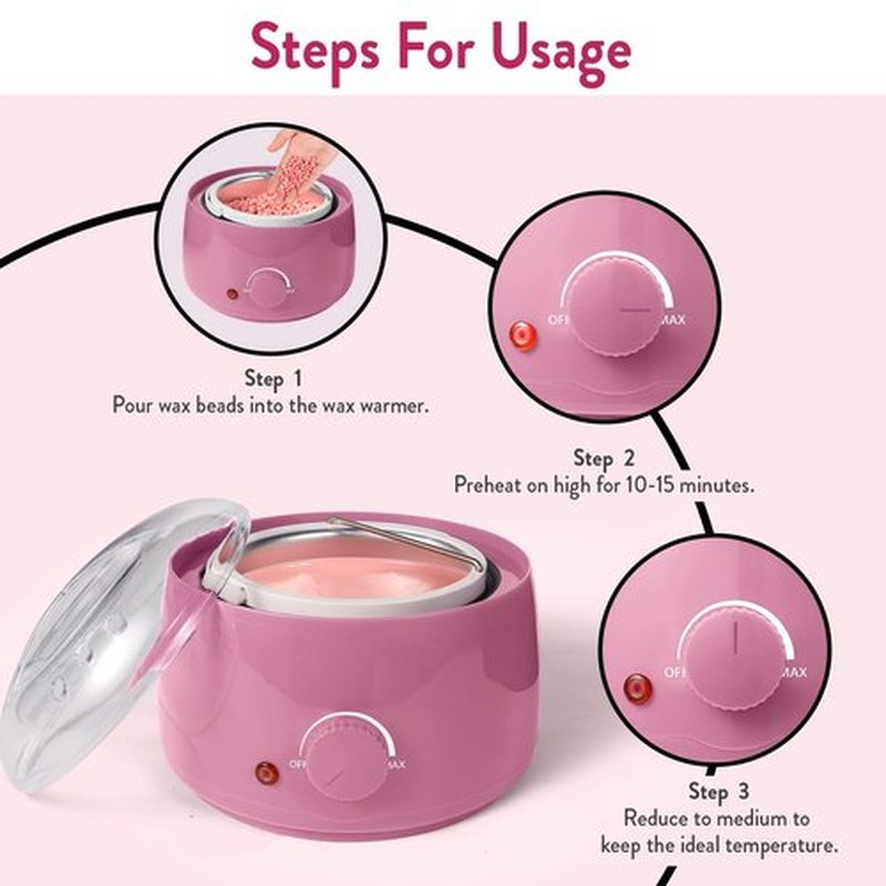 Professional Portable Wax Warmer Machine: Melts Hard Wax Beads for Body Face Hair Removal - with 14oz Wax Pot Adjustable Temperature Clear Lid (Pink)