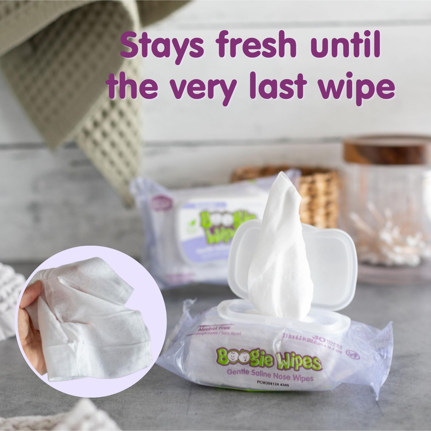 Boogie Wipes Gentle Saline Nose Wipes - 45 Count - Lavender Scent, Hypoallergenic & Alcohol-Free - Allergy Relief - Made with Natural Saline, Aloe, Chamomile & Vitamin E - Diaper Bag Essential