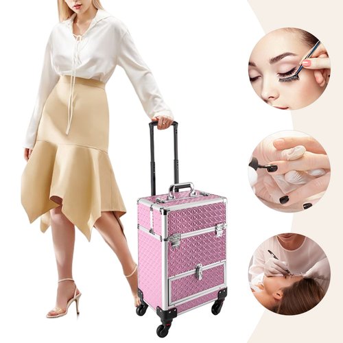 YIYIBYUS Manicure Storage Case, Makeup Trolley Rolling w/Wheels, Rolling Nail Case, Polish Organizer Makeup Train Case Durable Large Capacity Organizer w/lock for Studio or Travelling (Pink)