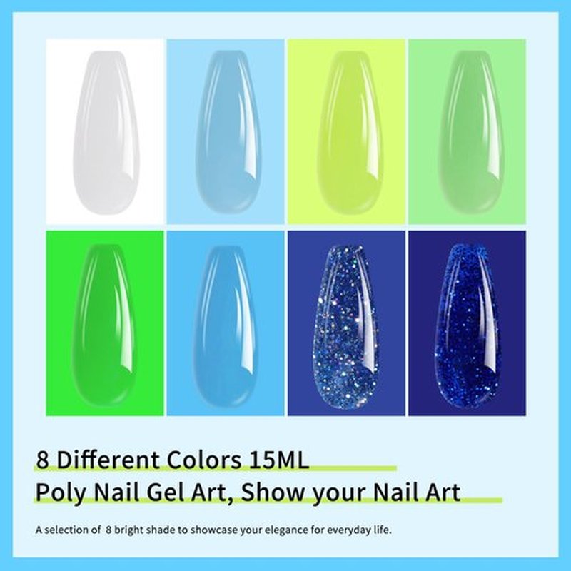 Arousar Poly Nail Gel Set, 8 Colors White Green Blue Nail Extension Gel for Beginners Professional, Builder Nail Gel Mother's Day Spring Summer DIY Design Nail Art Salon at Home