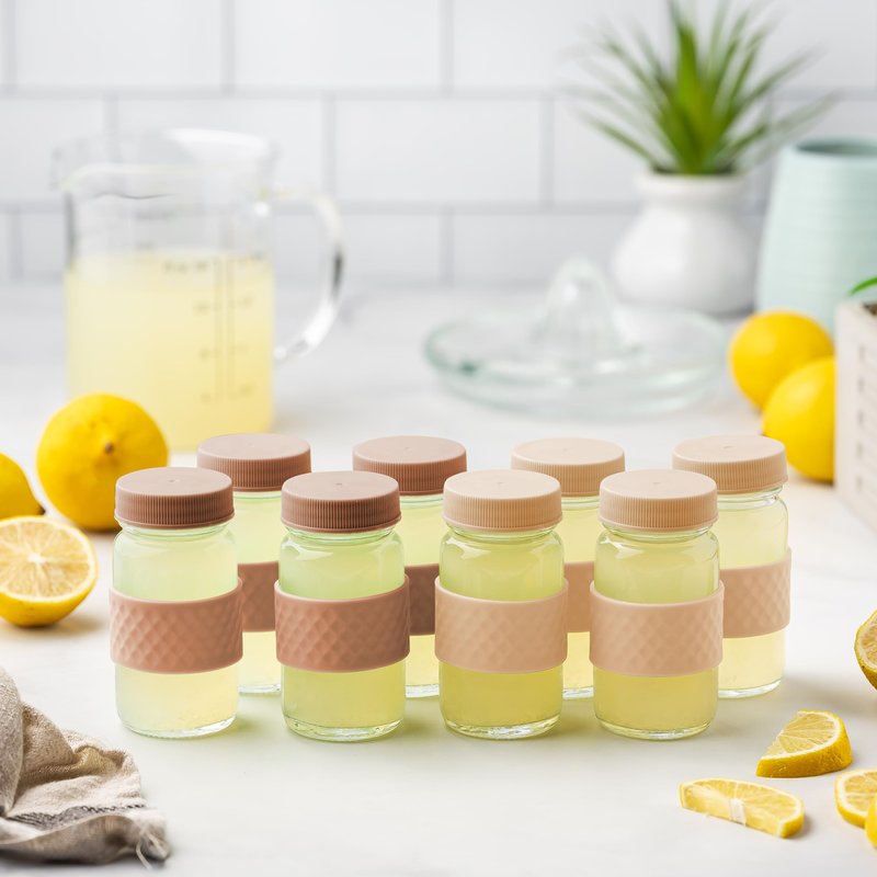 Glass Juice Shot Bottles with Caps, Clear, 2oz, Colored Lids & Silicone Grip Bands, Beverage Storage, Juicing, Turmeric & Ginger Shot Bottles