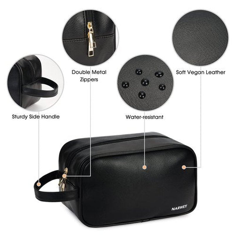 Narwey Vegan Leather Travel Toiletry Bag for Women and Men Traveling Dopp Kit Makeup Bag Organizer for Toiletries Accessories Cosmetics (P-Black)