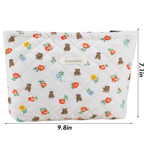 ZLFSRQ Cotton Quilted Makeup Bag Travel Cute Floral Cosmetic Bag for Women Large Coquette Flower Bear Makeup Pouch Zipper Cosmetic Pouch for Purse Aesthetic Makeup Organizer Portable Toiletry Bag