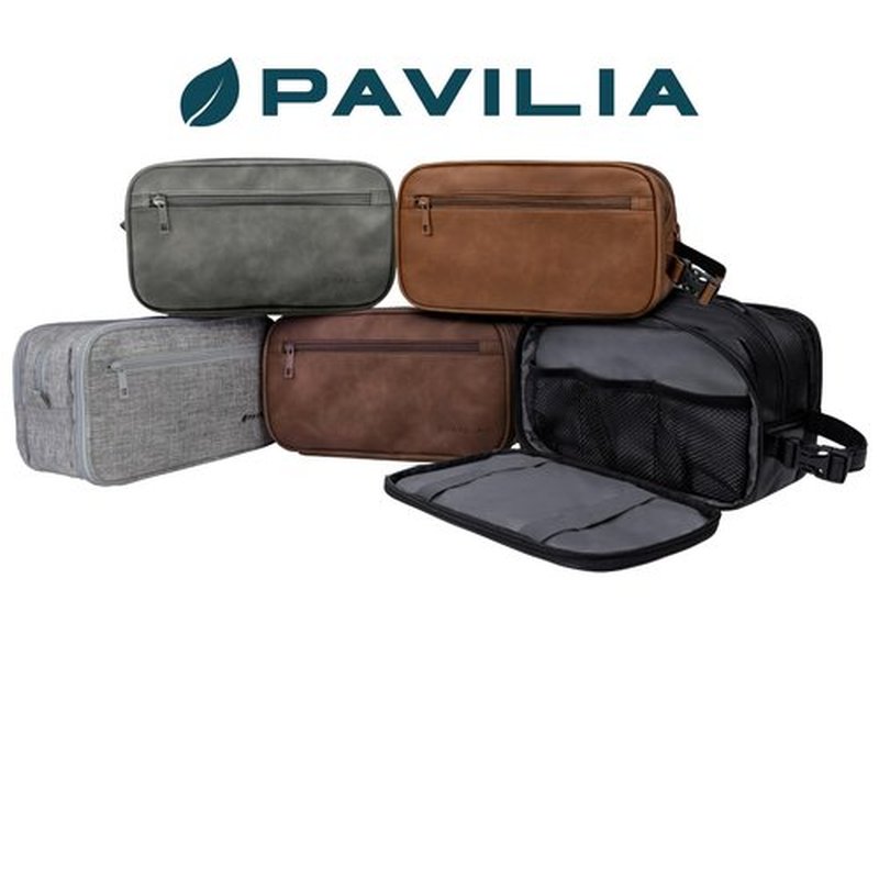 PAVILIA Toiletry Bag for Men, Travel Toiletries Bag | Water-resistant Dopp Kit, PU Leather Shaving Pouch Organizer for Accessories, Cosmetic, Hygiene, Grooming Essentials (Dark Gray)