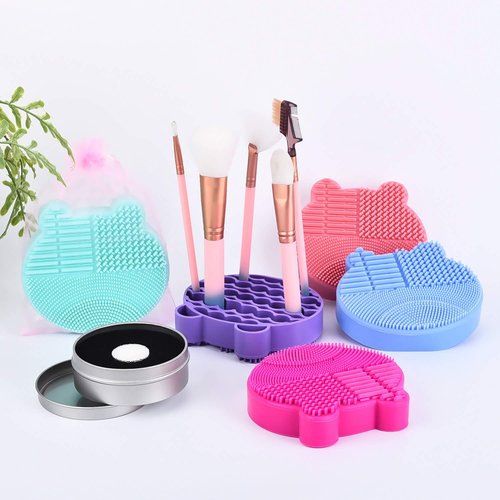 Silicon Makeup Brush Cleaner Mat with Brush Drying manual Make up brush cleaner cleanser machine Cosmetic Brush Cleaning Pad+Makeup Brush Dry Cleaned Quick Color Removal Sponge Scrubber Tool(Blue)