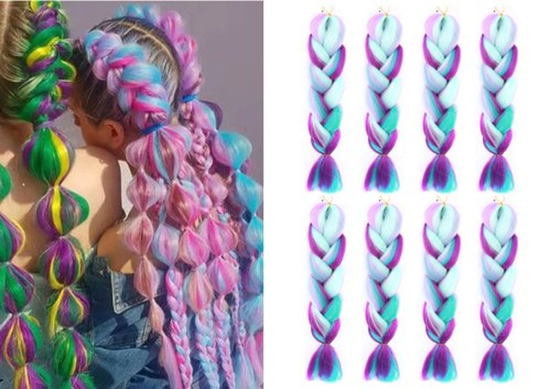 Braiding Hair 24 inch Fiber Mix Four Colorful Pre Stretched Hair Extensions Rainbow Colors Synthetic Hair Blue- Purple-Pink Soft Healthy Wig For Daily Party (24 Inch, Pack of 8)