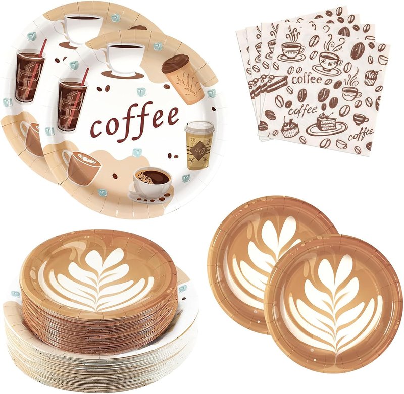 Coffee Party Supplies Set - 180 Pcs Paper Plates & Napkins for 60 Guests | Fun Theme for Baby Showers & Birthdays