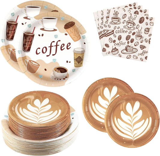 Coffee Party Supplies Set - 180 Pcs Paper Plates & Napkins for 60 Guests | Fun Theme for Baby Showers & Birthdays