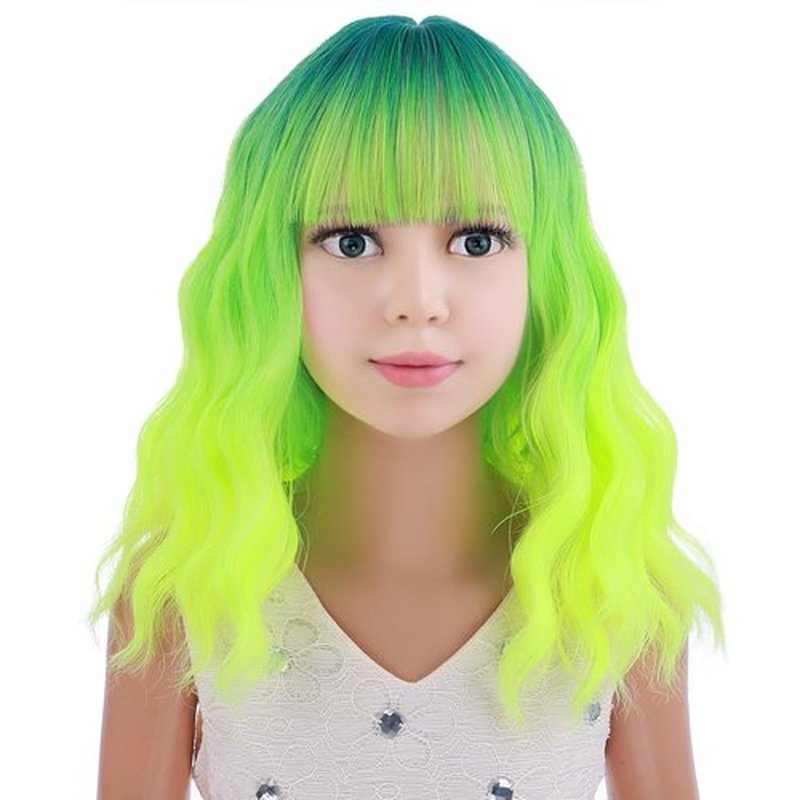 PATTNIUM Kids Child Neon Green Wig Short Curly Wavy Wig with Bangs Ombre Green Wig for Girls Lime Green Wig Synthetic Wigs for Cosplay Costume Party with Wig Cap