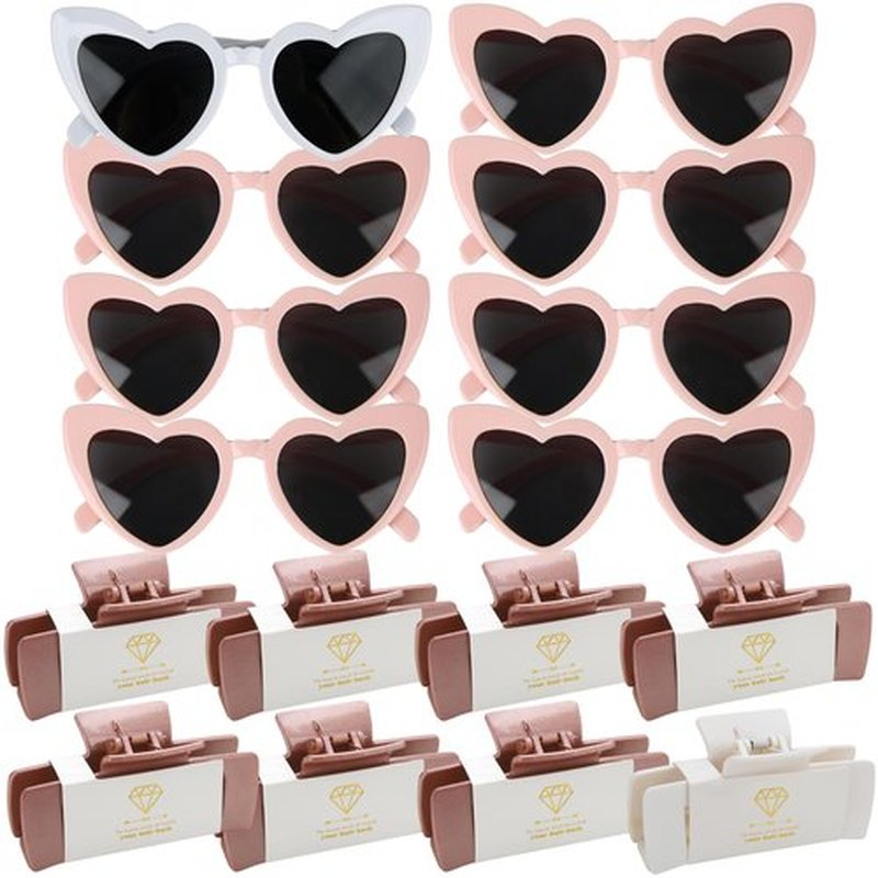 16pcs Bridesmaid Proposal Gifts 4.1inch square Bachelorette hair Claw Clip heart Sunglasses set of 16 Girls Trendy gift for Wedding Party Favors(16pcs White&Rose Gold)