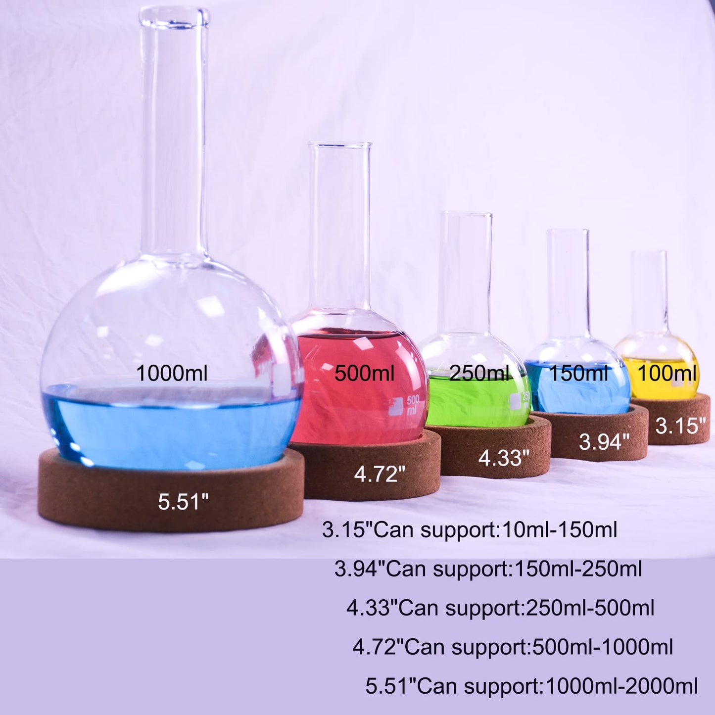 SWONES Lab Flask Support - Cork Stand, Holder for Round Bottom Flasks, 4 Sizes (110mm/4.33in, 120mm/4.72in, 4)