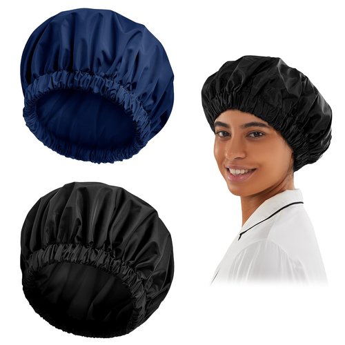 Reusable Shower Cap for Women, Large Waterproof Shower Bonnet Washable Elastic Band Bath Hair Hat for Long Hair, Braids(Black&Navy)