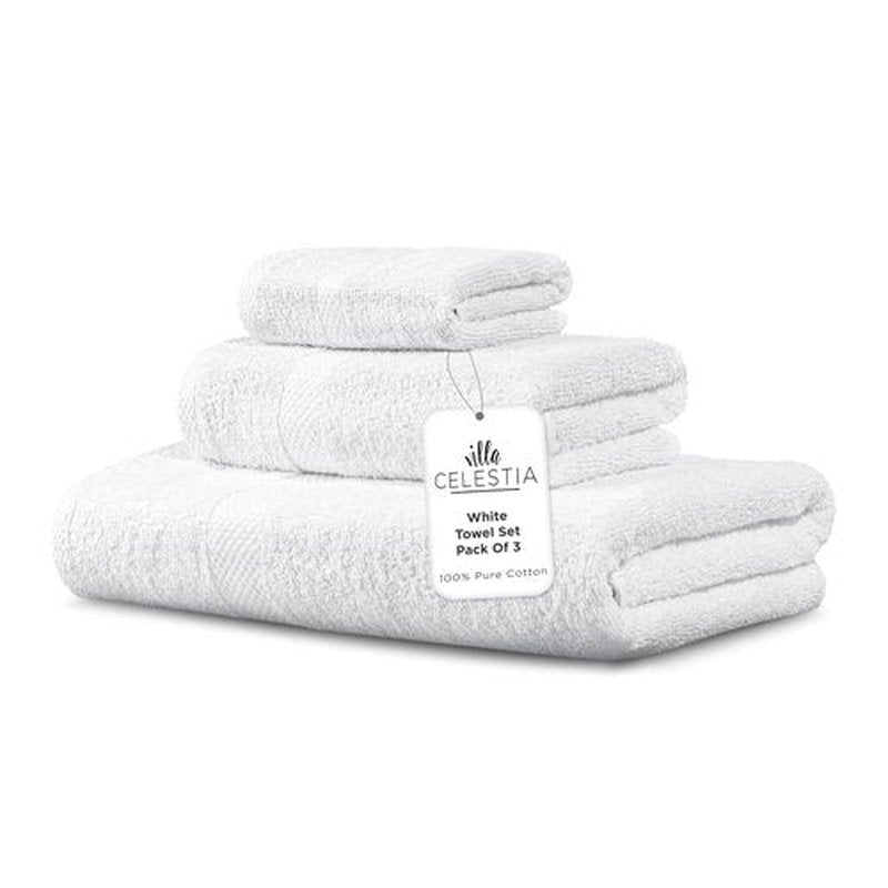 100% Combed Cotton Bathroom Towel Set of 3- 1 Bath Towel, 1 Hand Towel, 1 Wash Cloth, Sustainable, Soft, Highly Absorbent 3 Piece Cotton Bath Towel Set Ideal for Hotels, Spa, Bathroom, Dorm, White