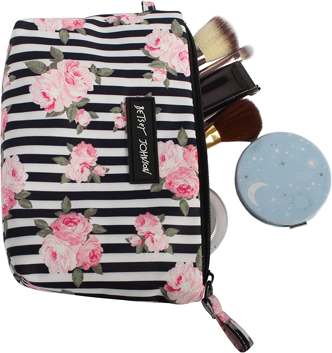 Betsey Johnson 8.5 Inch Zipper Cosmetic Pouch Small Toiletry Bag–Lightweight Durable Polyester Organizer with Inner Zipped Pocket Good For Makeup Accessories and Travel Needs (Covered Rose)