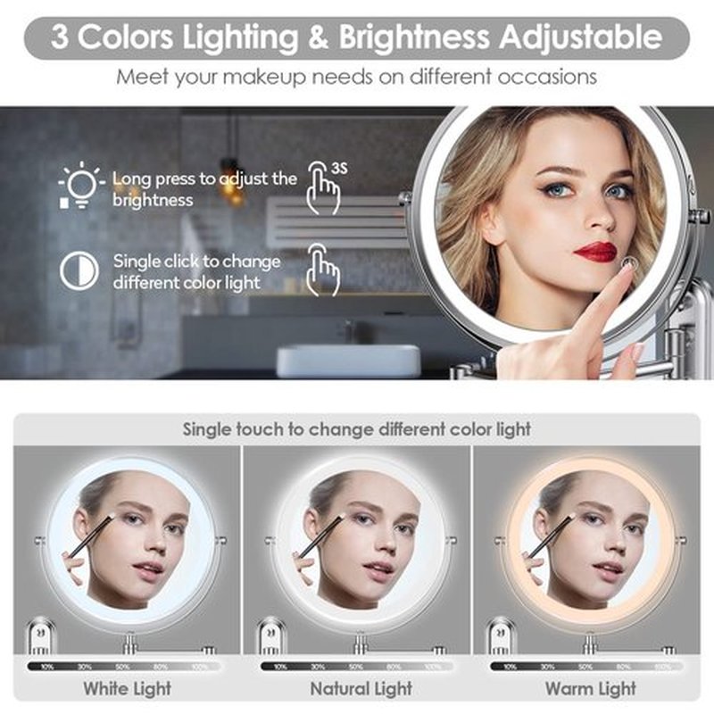 Rocollos Two-Fingers-Width Narrow Base Rechargeable Wall Mounted Lighted Makeup Mirror,3 Color Lights Dimmable Touch Screen,8 Inch LED Double Sided 1X/10X Mirror (Chrome-10X)
