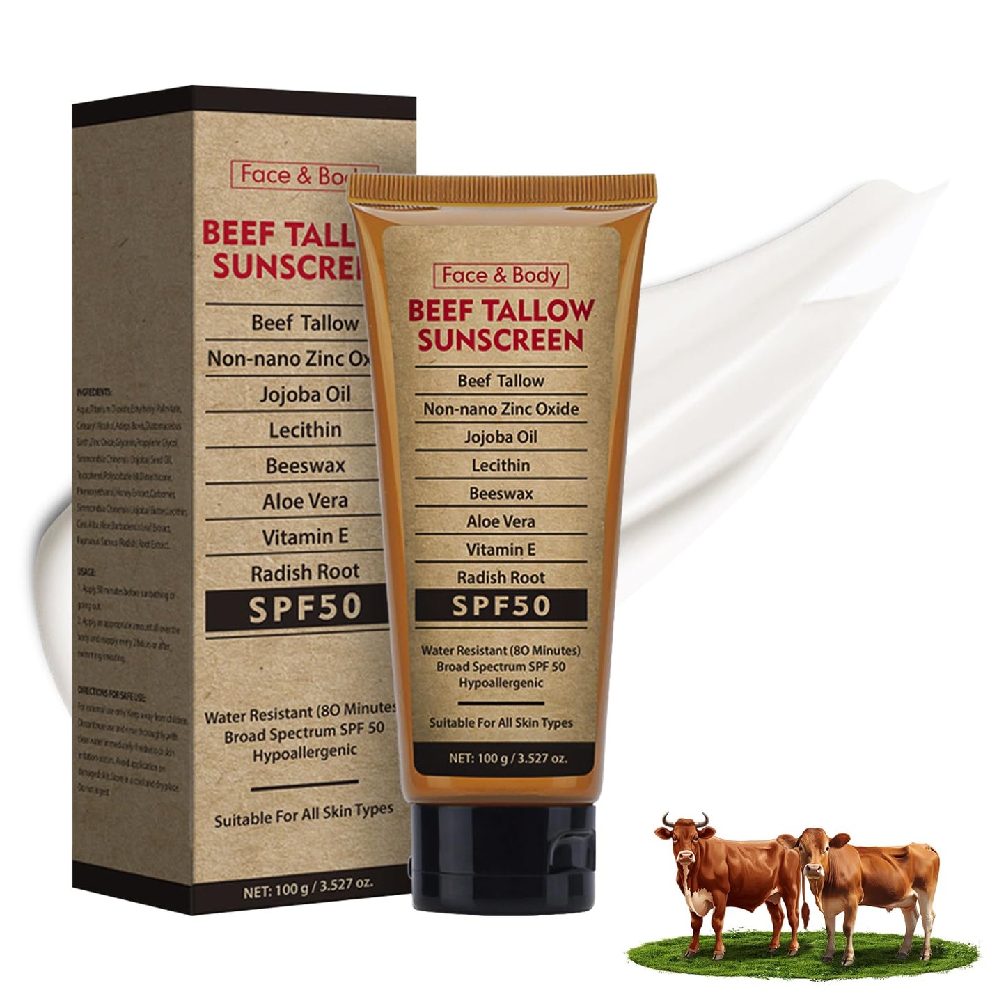 Beef Tallow Sunscreen with Zinc Oxide for Body Facial, Non-Toxic Natural Mineral Sunscreen Reef Safe Sunblock SPF 50,Clean Non-Greasy (For Sport or Daily Use), 3.5 OZ
