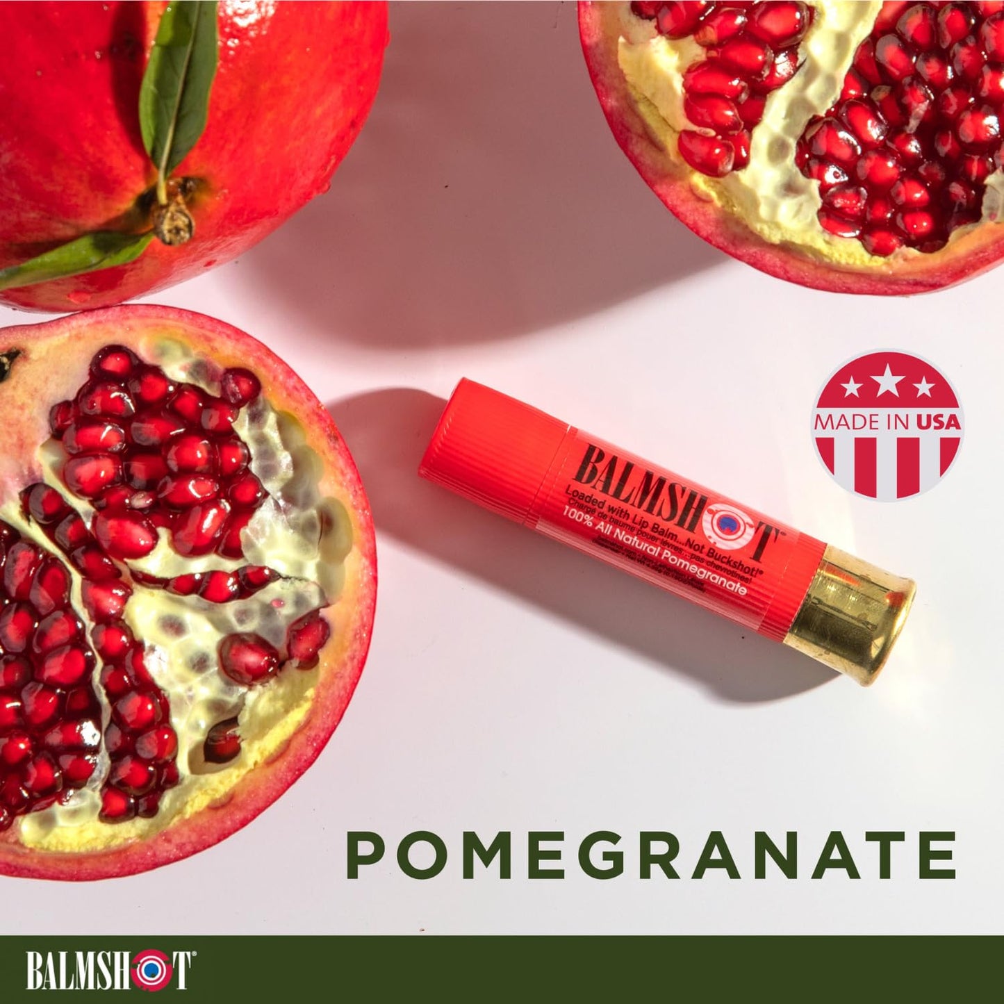 BALMSHOT Pomegranate Lip Balm SPF 15 (2-Pack) – Natural Beeswax Chapstick, Moisturizing Lip Protector for Very Dry Lips, 20-Gauge Brass Shotgun Shell Case, Outdoor Heat Tolerant, Made in USA