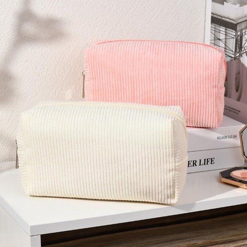 SOIDRAM 2 Pieces Makeup Bag Corduroy Cosmetic Bag White Pink Makeup Pouch Travel Toiletry Bag Organizer Cute Makeup Brushes Storage Bag for Women