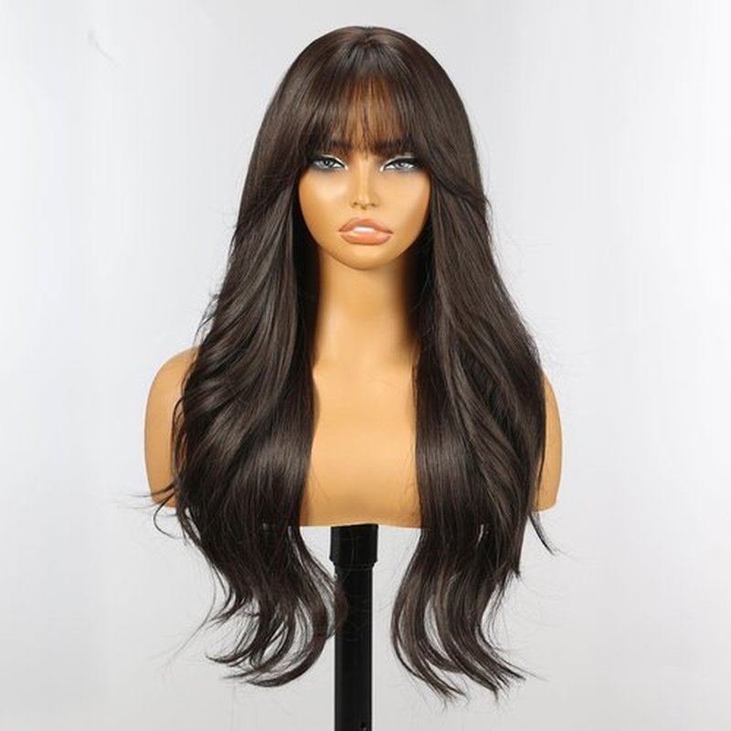 KOME Black Brown Wigs with Bangs,Brown Long Wavy Wig for Women,Long Curly Wigs Dark Roots Synthetic Hair Wig for Party Daily Use 24IN