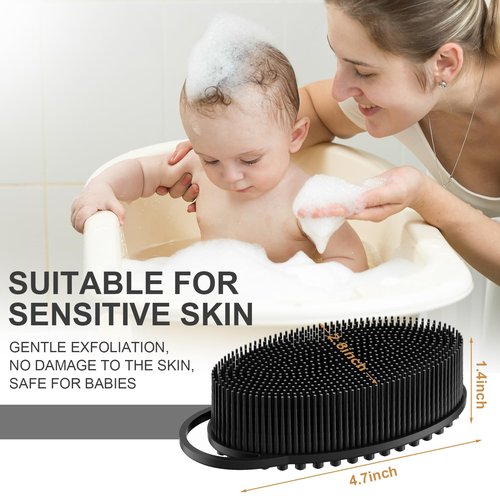 Metene 2 Pack Silicone Exfoliating Body Scrubber with Loop, Body Scrubber for Men and Women, Silicone Loofah for Shower, Soft Silicone Body Scrubber for Shower and Bath Skincare Routine(Black)