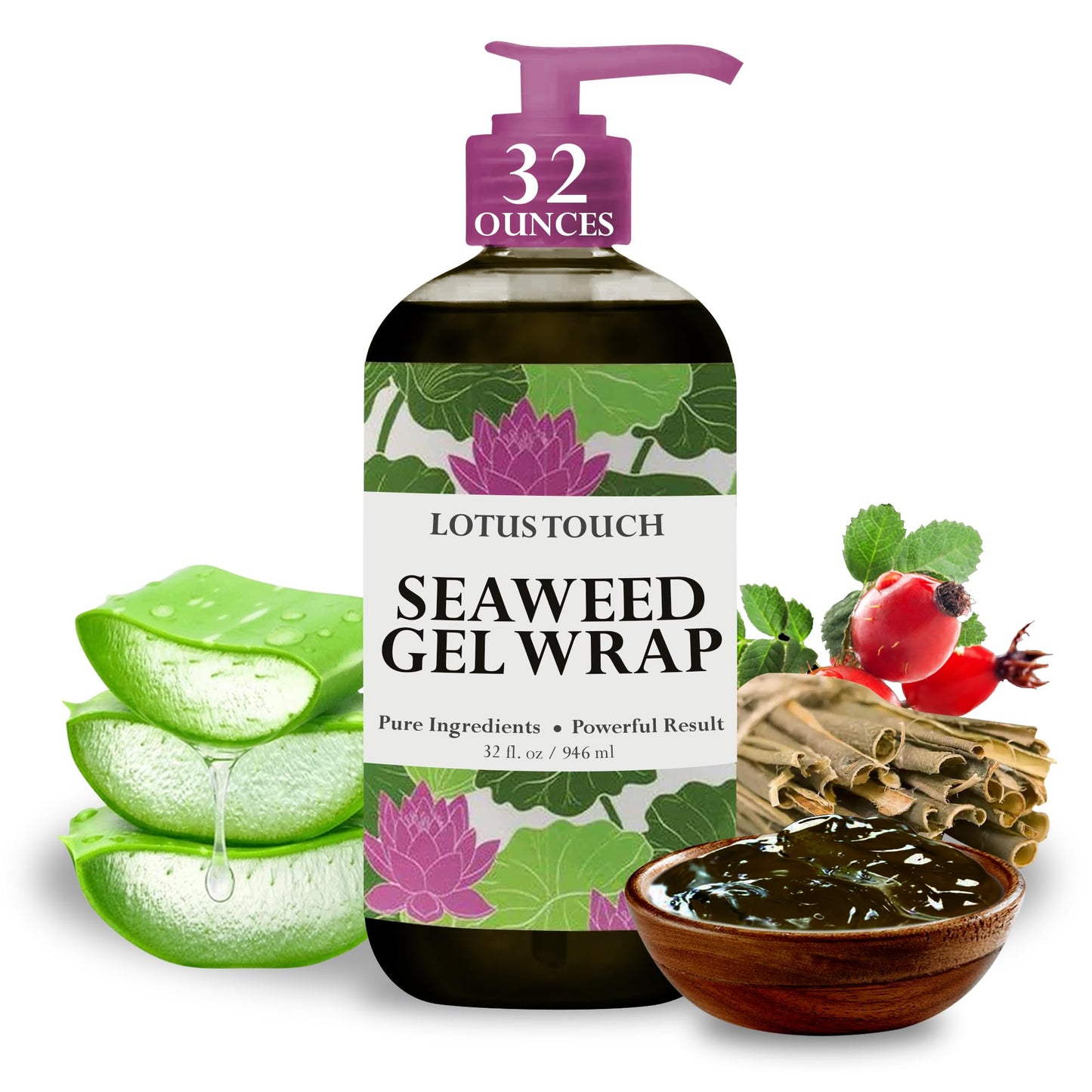 Lotus Touch Seaweed Gel Showerless Body Wrap Sea Kelp & Klamath Blue-Green Algae to Hydrate & Detoxify - Aloe Vera Oil, Vitamin E & Lavender - Excellent Results With or Without a Wrap - 1 Gallon