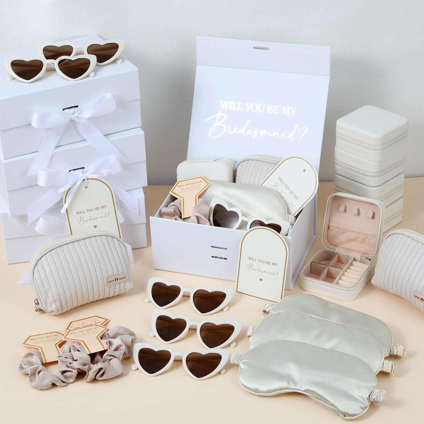 43 Pcs Bridesmaid Proposal Gifts Set of 6 Bridesmaid Boxes Bulk Will You Be My Maid of Honor Gift with Makeup Bag Case Eye Mask Glasses Hair Scrunchies Gift Box for Wedding Bride Shower(Beige)