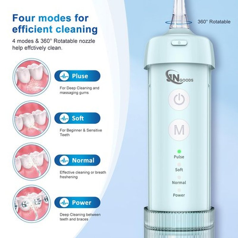 JNGOODS Mini Portable Water Flosser Oral Irrigator Water Teeth Cleaner Pick, Telescopic Water Tank, 4 Modes & IPX7 Waterproof, Home & Travel Water Flossers for Teeth, Braces Bridges Care. (Pearl Blue)