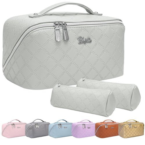 Travel Makeup Bags Cosmetic Organizer Bag: 3-Set Large Capacity Make up Bag - PU Leather Toiletry Bag for Women - Wide Open Portable Pouch with Divider & Handle (07-Gray)