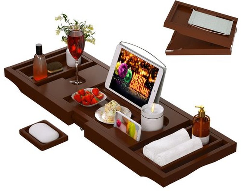 Bathtub Caddy Tray for Tub, Foldable Bamboo Bath Table Tray with Book and Wine Glass Holder, Expandable Bathroom Accessories with Free Soap Dish Suitable for Luxury Spa or Reading, Brown