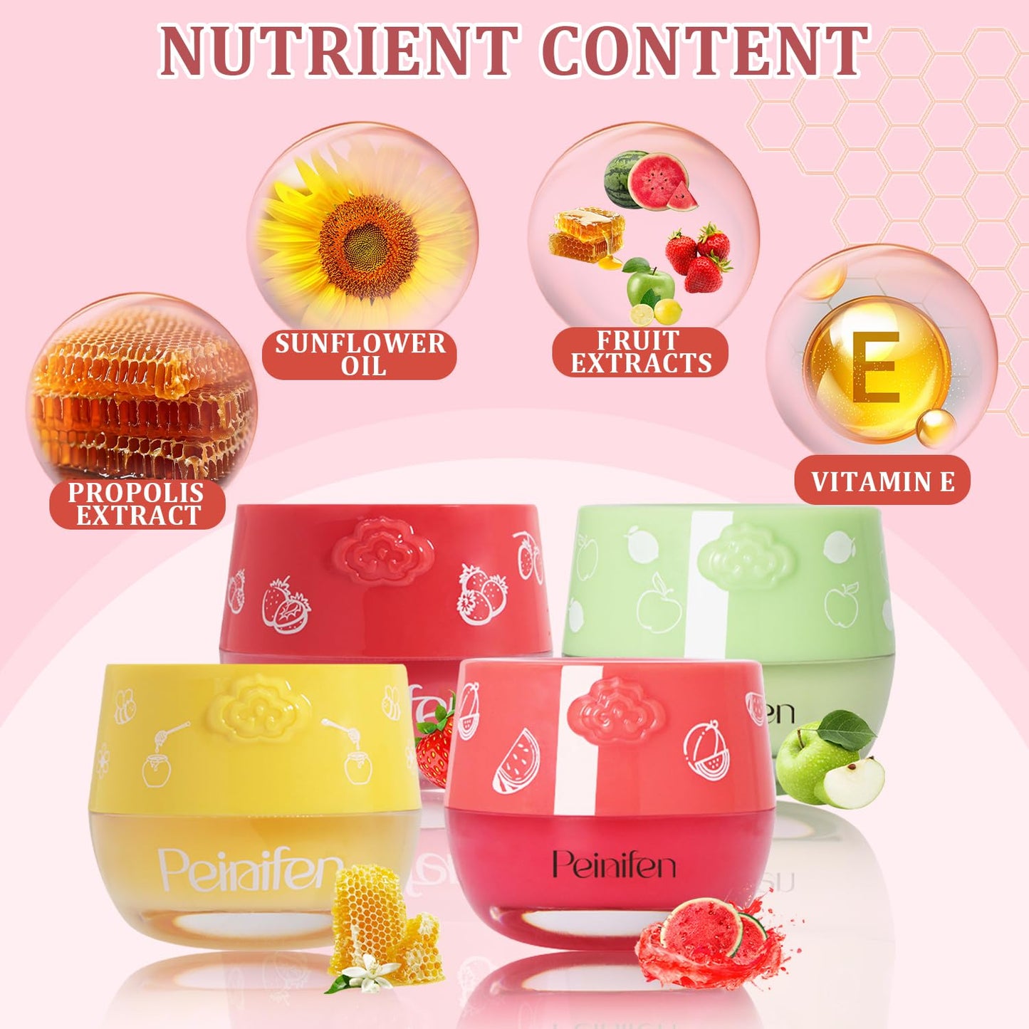 New 4 PCS Bee Lip Balm Lip Mask Honey Pot,Propolis Sleeping Lip Mask Overnight Moisturizing Lip Balm with Stick,Hydrating Prevention Dry and Cracked,Reduce Lip Lines,Fruit Lip Scrubs Exfoliator.