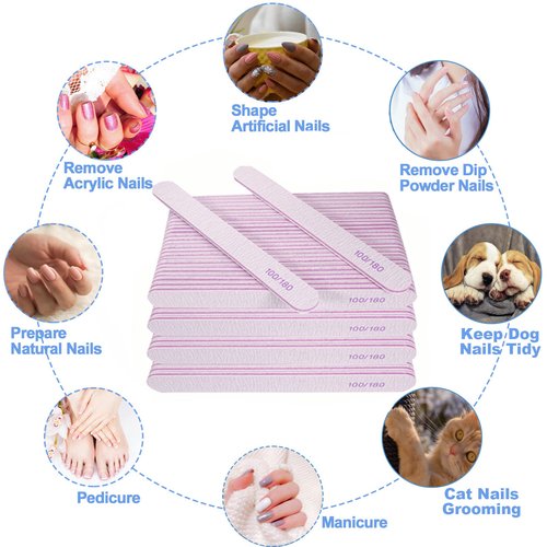 Nail File (100 Pcs), Bulk Emery Board Nail Files for Acrylic Nails and Natural Nails, 100/180 Grit Double Sided Emory Boards for Gel Nail Professional Reusable Washable Manicure Pedicure Kit Set Gray